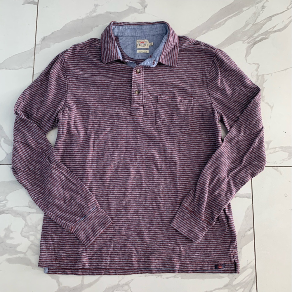 FAHERTY Mens Sz Medium Slub Movement Polo Fremont Maroon Stripe Long Sleeve
